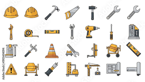 Collection of construction tools and safety equipment icons on a plain background