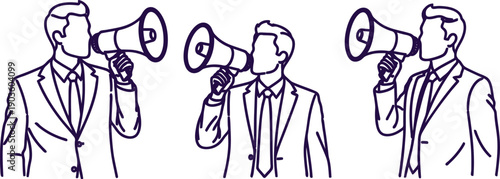 Three businessmen in suits holding megaphones and making announcements to public  communication and broadcasting concept