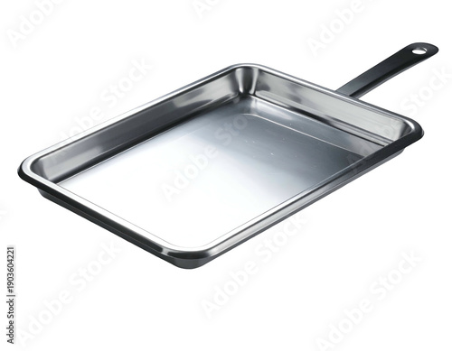 Shiny, rectangular metal cooking pan with a long handle