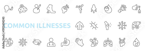 Common Illnesses icon set outline style with backache, sinusitis, hypertension, rash, diabetes, scoliosis, e coli, osteoporosis icons
