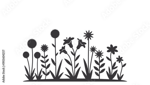 Wildflower Garden Bed Silhouette With Mixed Meadow Flowers And Stems, Black Solid Vector Border For Pollinator-Friendly, Ecological And Decorative Garden Design