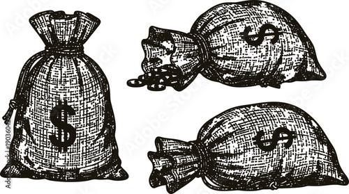 Three money bags with dollar signs on them  isolated on white background