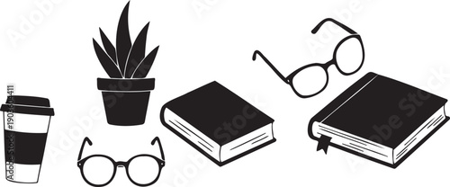 Minimalist study lifestyle icons featuring coffee cup plant glasses and books