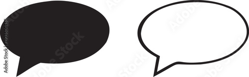 Black and white oval speech bubble vector icons, solid and outline chat box isolated on white
