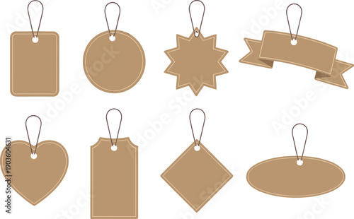Blank kraft paper tags set, various shapes labels collection, brown cardboard gift tags with strings, vector illustration, white background