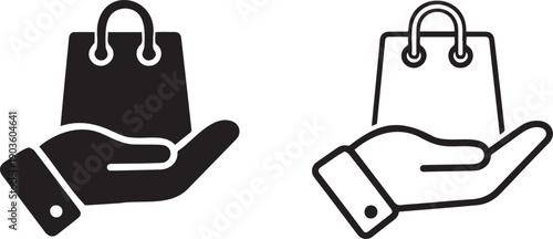 Hand holding shopping bag icon vector set, black fill and outline versions isolated on white