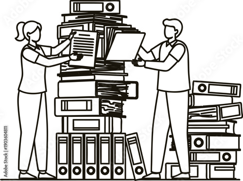 Two people standing and sorting a large stack of files and binders in an office setting with a simple background