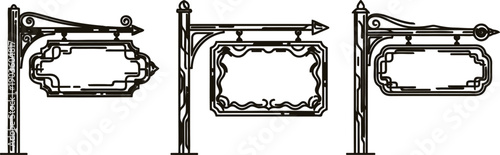 Vintage blank street signs on ornate metal posts for directions or directions with empty space for text or logo  various designs and shapes