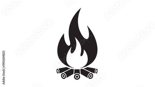 Black Campfire Flame with Logs on White Background