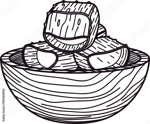 Wooden bowl filled with cut logs for fireplace or campfire  hand drawn illustration