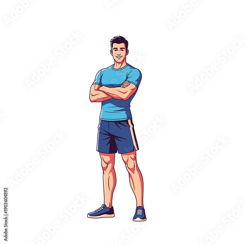 Dynamic illustration of a confident and fit young man in athletic wear, standing with arms crossed, embodying health, strength, and an active lifestyle, perfect for promoting fitness and wellness