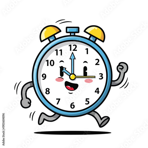 Charming cartoon alarm clock character running with a happy expression, symbolizing punctuality and the passage of time