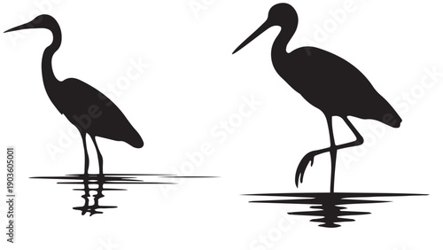 Wading Bird Pair Silhouette With Water Reflection, Heron And Egret Black Solid Vector For Wetland Wildlife, Shoreline And Nature Design