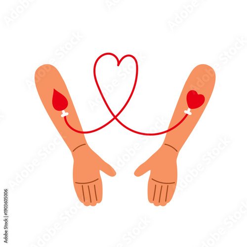 Two stylized hands donor and recipient connected by medical tube with red blood flowing between. Symbol of blood donation, solidarity, lifesaving help. Flat vector illustration for medical campaigns