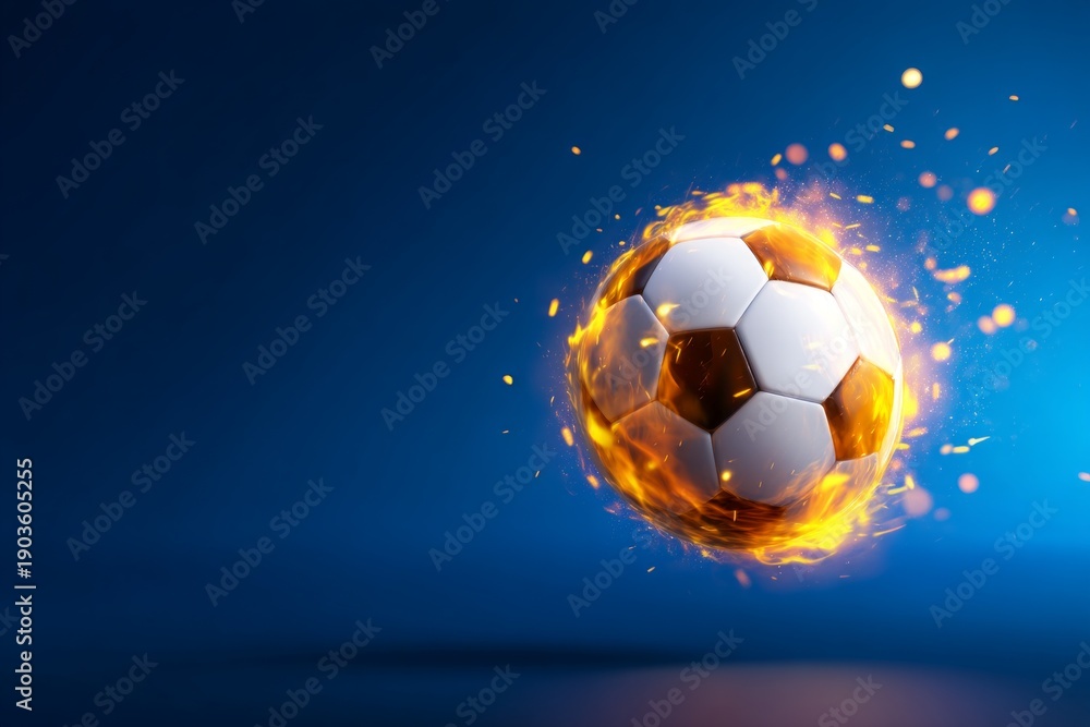 Naklejka premium 3D Soccer Ball with Glowing Flame Effects on Abstract Blue Background