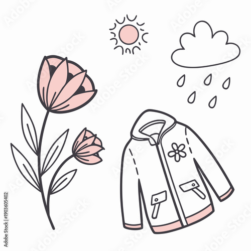 A flower blooms under a sunny sky while a raincoat awaits the incoming rain.