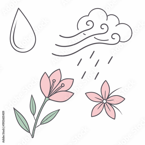 A serene illustration of nature's elements with rain, wind, and blooming flowers.