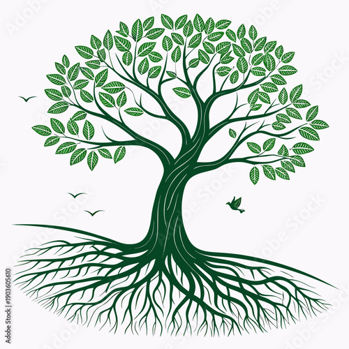 A vibrant green tree with extensive roots and branches symbolizing growth and nature.