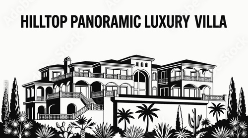 hilltop panoramic luxury villa architecture building featuring premium residential property real estate design and expansive exterior construction in scenic rural landscape for housing investment