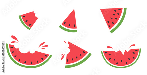 Watermelon slices whole, bitten with splashes, isolated on white, color vector illustration. A set of icons for a delicious, juicy, sweet, summer dessert. Collection of design elements