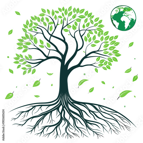 A vibrant illustration of a tree with green leaves and a globe symbolizing environmental awareness