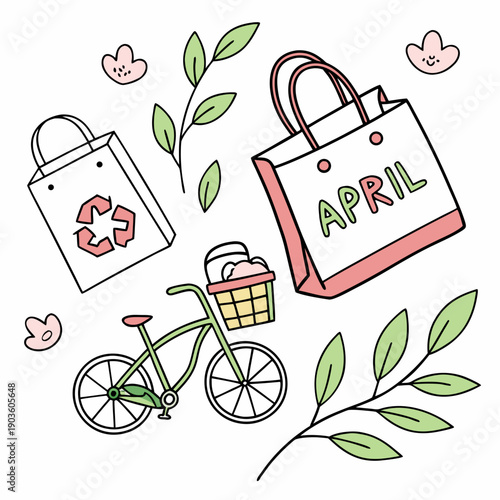 A whimsical illustration of a bicycle with shopping bags and a heart-shaped basket.
