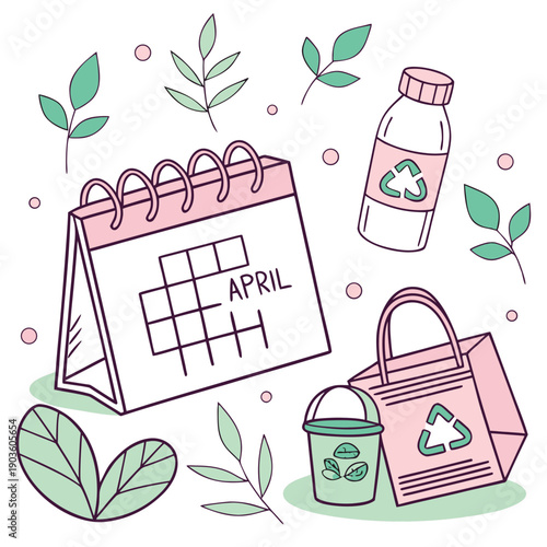 Illustration of a calendar, shopping bag, and plants for a seasonal sale
