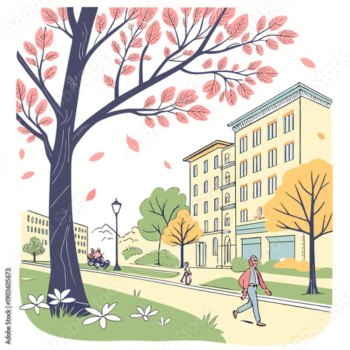 People walking under blooming cherry blossom trees in a park near a building.
