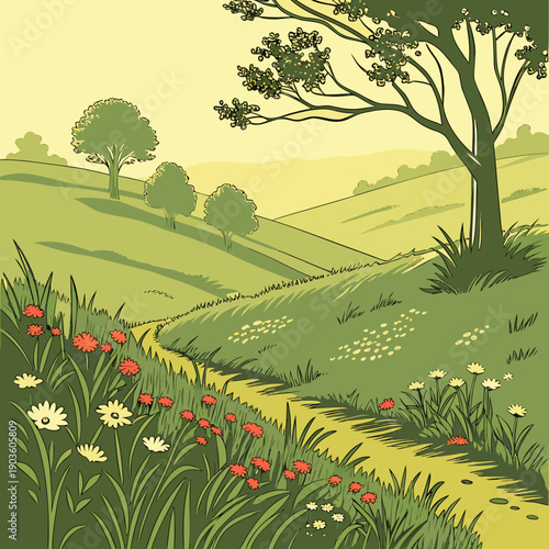 A vibrant landscape with rolling hills, wildflowers, and a solitary tree under a clear sky