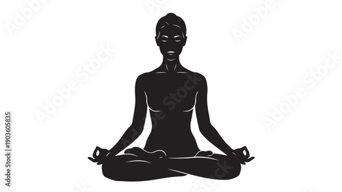 Black Silhouette Woman Meditating in Lotus Position Isolated on White