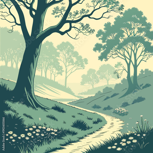 A serene path winding through a lush, verdant forest with towering trees and vibrant foliage.