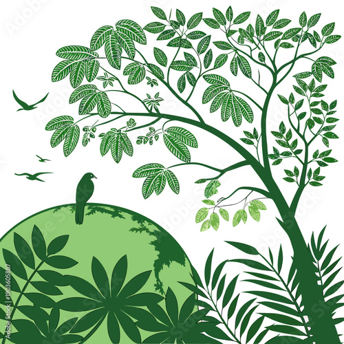 A lush green hillside with a large tree and various plants in the foreground