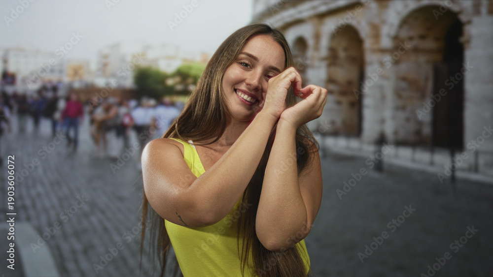 Fototapeta premium Woman with long hair forming a heart with her hands at the coliseum building, smiling and showing bare shoulders in a yellow tank top; travel joy.