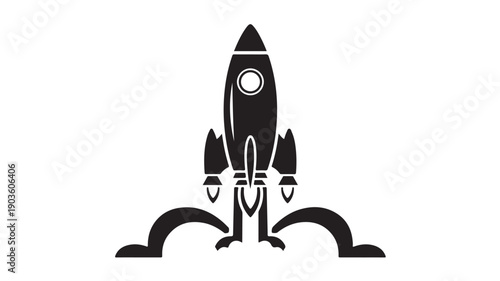 Black Rocket Ship Launching into Space on White Background