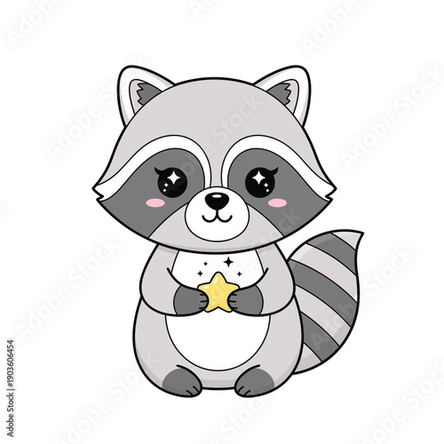 Charming cartoon raccoon character joyfully clutching a radiant star, embodying a whimsical dream or a cherished wish, ideal for adorable children's themes and playful designs