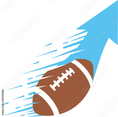 American football flying through the air with a blue upward arrow indicating motion and speed from a dynamic perspective