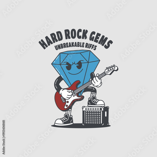 Groovy retro cartoon diamond playing guitar Vector illustration