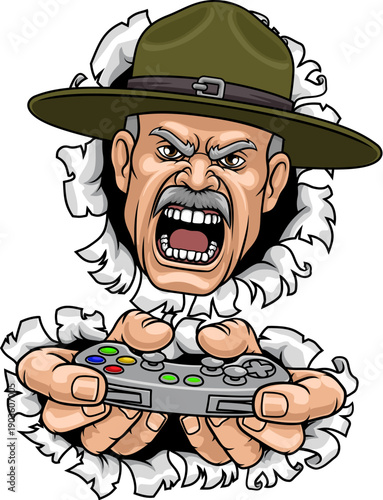 An angry drill instructor or sergeant bootcamp army soldier gamer cartoon character holding controller sports team mascot illustration.
