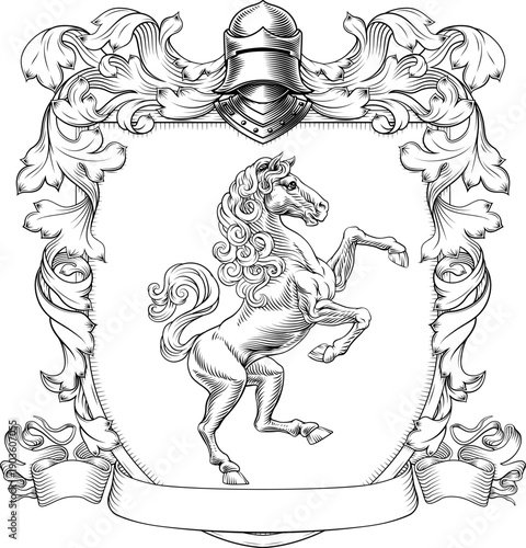 A horse coat of arms or crest family heraldry medieval heraldic knight shield with helmet and acanthus filigree scroll ornament in a vintage woodcut style.