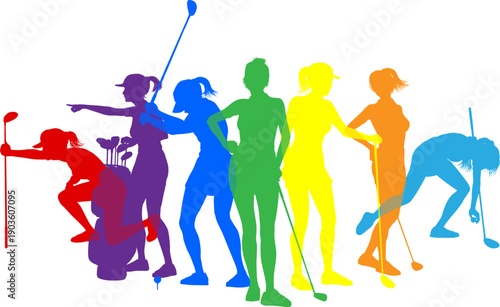 Silhouette golf player set. Active golfers golfing sports people healthy players fitness silhouettes concept.