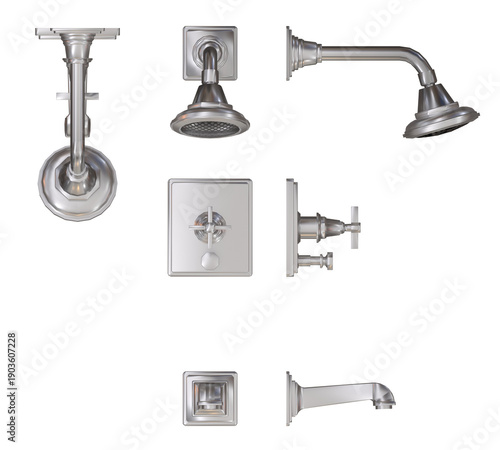Tableau sur toile Classic chrome shower faucet set with showerhead, valve, and spout in front and