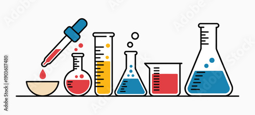 Colourful Chemical Flasks in Doodle Style, Vector Illustration
