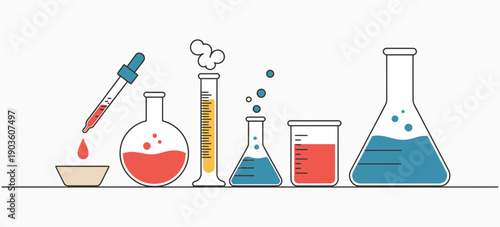 Colourful Chemical Flasks in Doodle Style, Vector Illustration