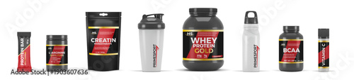 Protein supplement. Sport bottle 3D package. Vitamin bar. Whey product shake. Energy powder drink. Nutrition jar. Product for bodybuilding product. Vector packaging realistic mockups set