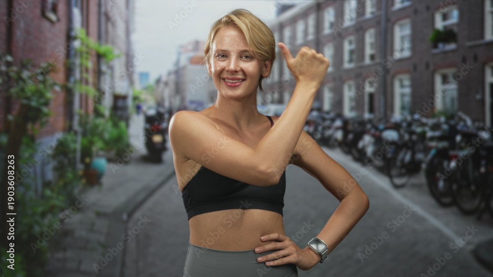 Fototapeta premium Woman holding fist to left shoulder with other hand on hip, showing midriff and wearing smartwatch while smiling in street lined with bicycles and brick buildings; confidence vitality wellness.