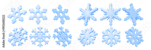 3d snowflake set. Ice snow flake, winter crystal render glossy decorative objects or frost realistic blue decoration different angles view. Plastic weather shape. Vector isolated icon