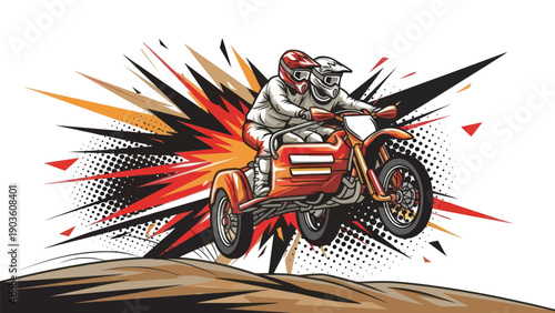 Motorcycle sidecar stunt riders performing action against abstract graphic