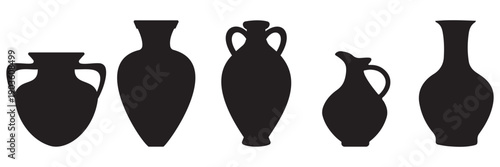 Ancient Greek and Roman Vase Silhouette Set – Classical Amphora Pottery Black Icons Collection Isolated on 
White Background