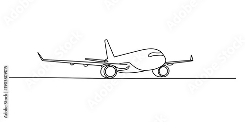 Minimalist continuous line drawing of a commercial airplane on a runway at an airport. Vector, illustration
