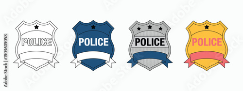 Police Badge Icons in Vector, Four Styles: Outline, Silhouette, Silver, and Gold, Law Enforcement and Security Graphics for Digital Design, Branding, and Safety Projects.